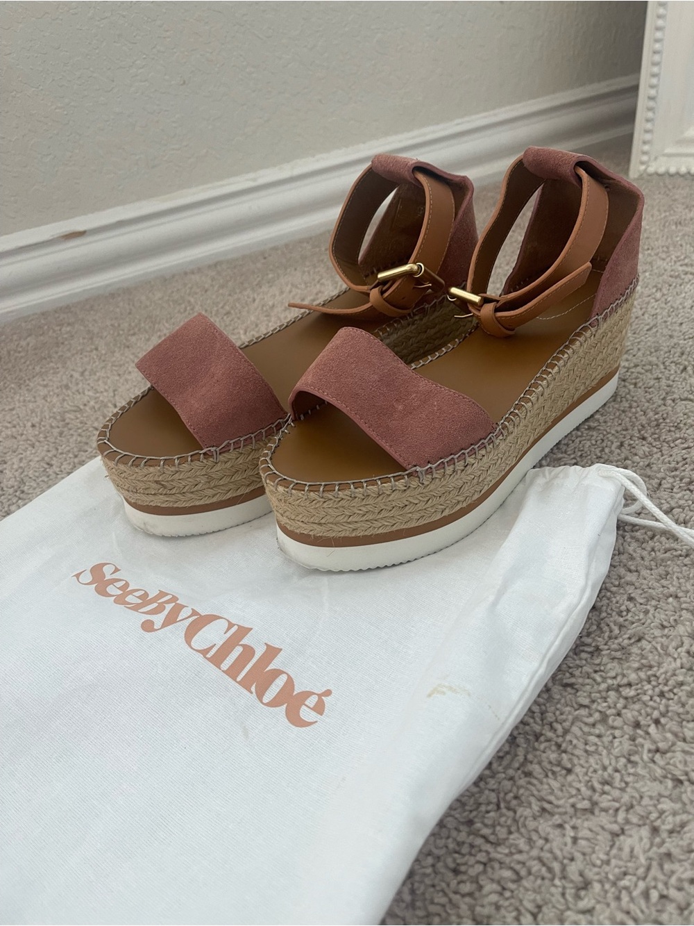 See By Chloe Blush Suede Platform Espadrille Wedges